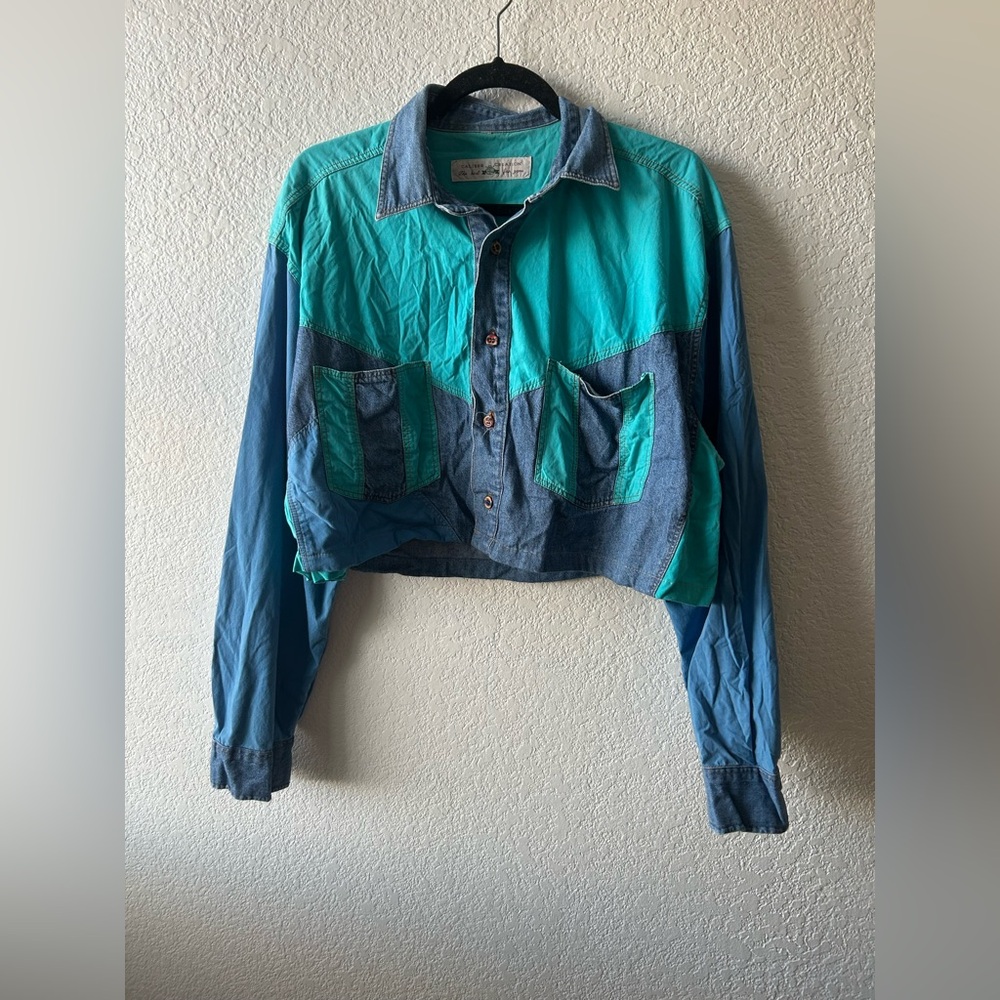 Vintage Western Redone Cropped Shacket Teal Denim Artsy Unique Country L‎